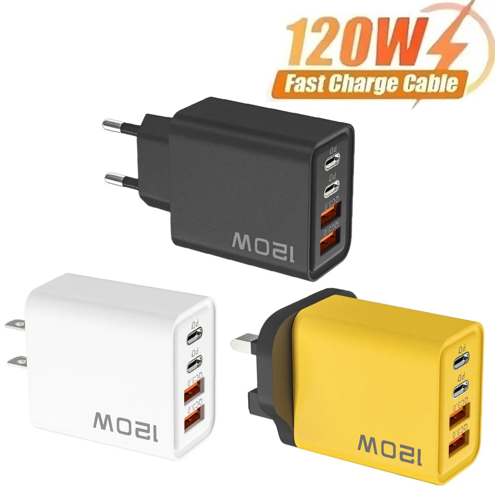 Cargador rápido USB de 120W en total, 4 puertos PD, carga rápida USB 3.0, tipo C, enchufe universal de pared para UE, EE. UU., Reino Unido, adaptador de carga USB C.