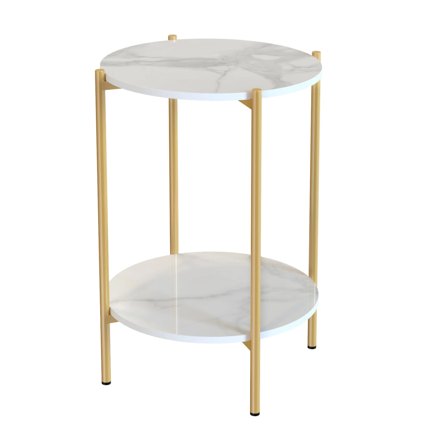 LUVODI Mesas auxiliares redondas de 2 niveles para sofá, soporte para plantas con estante de almacenamiento, estructura de metal para sala de estar y dormitorio