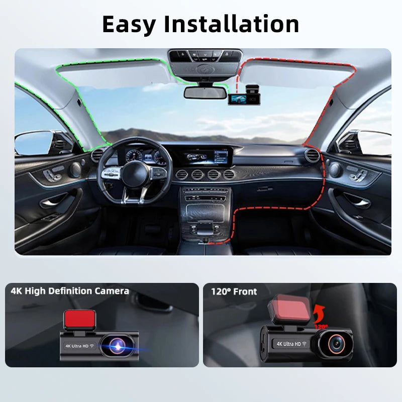 Ultra HD Dash Cam, 4K Loop Recording, Optional 24H Parking Monitoring, 1080P Night Vision, Rear Camera, Supports WiFi App Control
