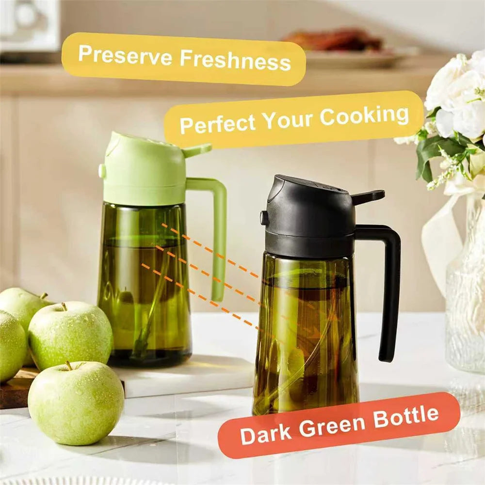 Pulvérisateur d'huile pour la cuisine de 470 ml, distributeur d'huile d'olive 2 en 1 et flacon pulvérisateur d'huile, vaporisateur d'huile avec autocollants, flacon pulvérisateur en verre épais