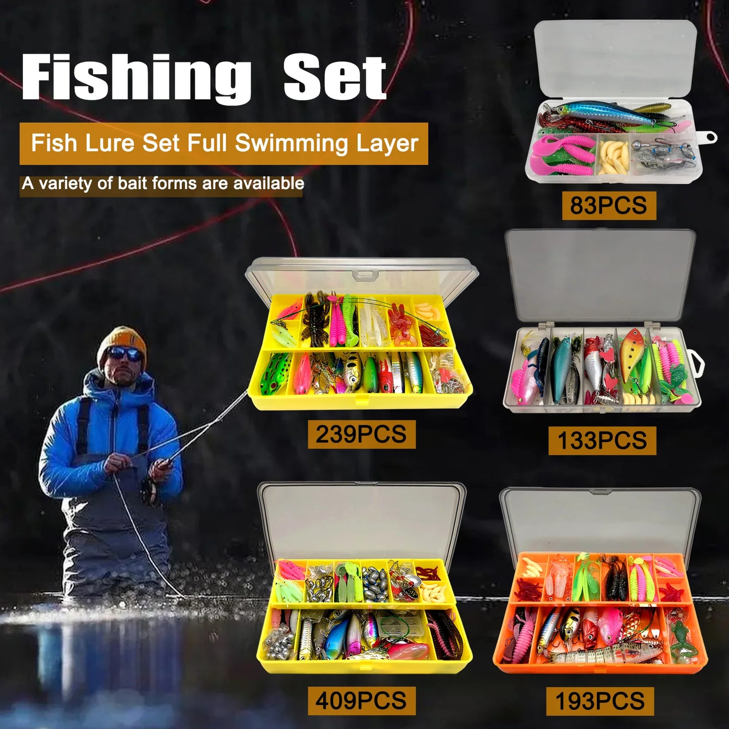 Kit de Leurres de Pêche 83/133/193/239/409 pièces pour Truite/Brochet/Perche - Ensemble Multicouches avec Équipement Pro et Boîte de Pêche Tactique