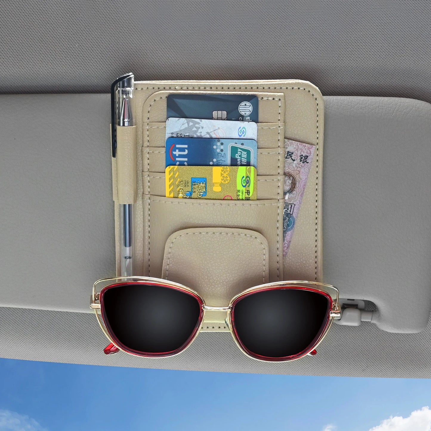 Organizador de visera para coche, bolsa multi-bolsillo, tarjetero, gafas, soporte de almacenamiento, resistente a los arañazos, soporte de visera automático para interior de coche