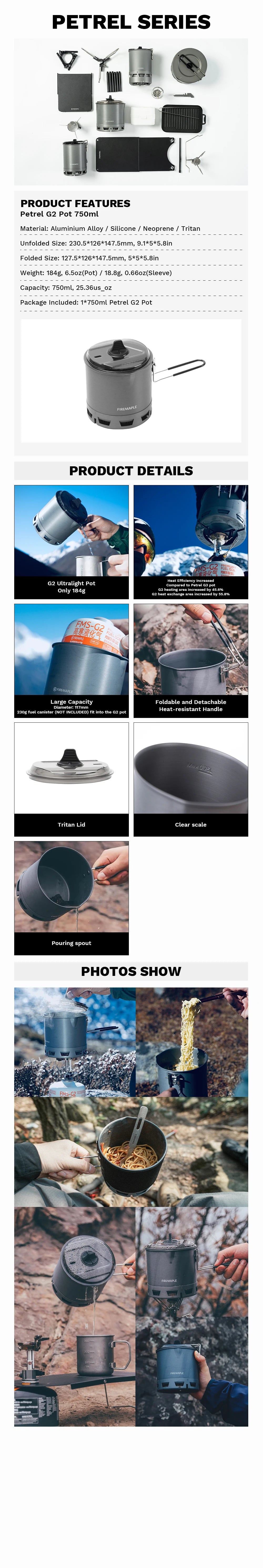 Pot ultraléger Fire-Maple G2 Petrel, léger, pour l'extérieur, échangeur de chaleur à haute efficacité, pour randonnée, voyage, Camping, 750ML