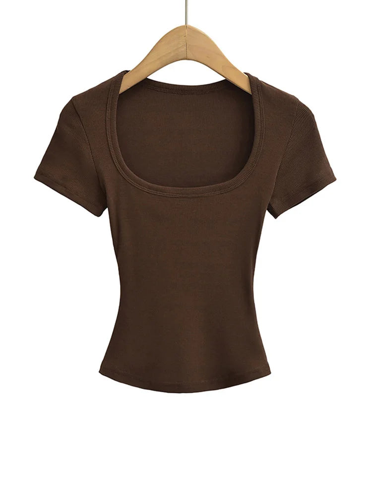 Haut Court Col Carré Femme — Coupe Cintrée, Extensible, Manches Courtes, Sexy Été
