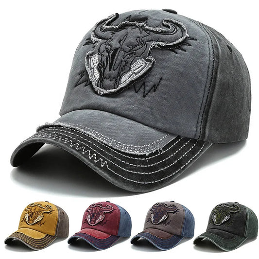 2023 New Washed Denim Baseball Cap for Men and Women, Hip Hop Vintage Bull Head Embroidered Y2k Snapback Dad Hats