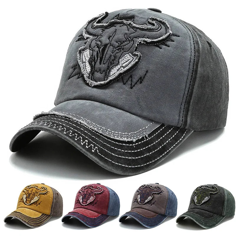 2023 New Washed Denim Baseball Cap for Men and Women, Hip Hop Vintage Bull Head Embroidered Y2k Snapback Dad Hats