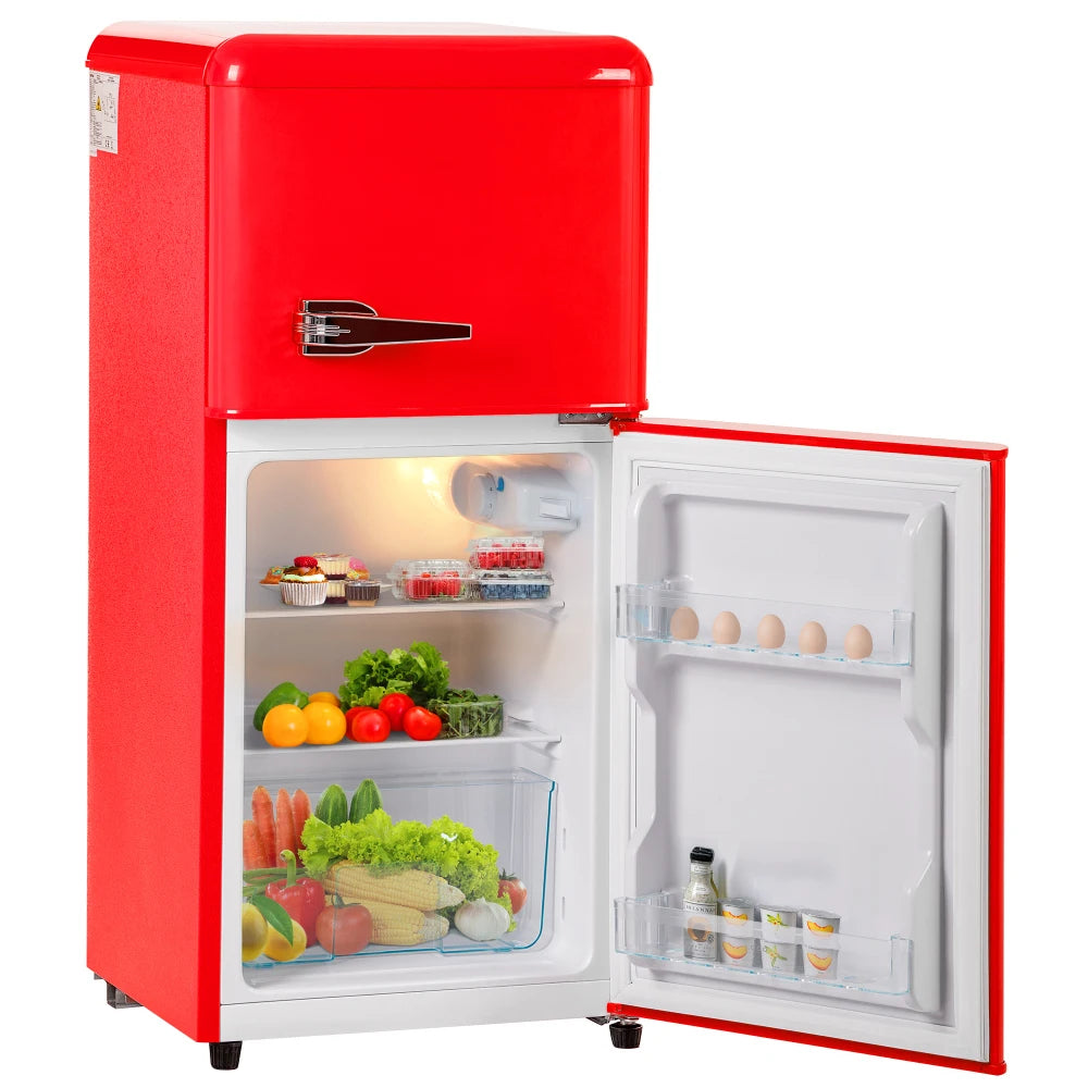 Combinaison réfrigérateur-congélateur rétro 45,5 cm de large, 2 portes 60 litres de volume total, volume de congélateur 22 litres. 102 KWh/année,