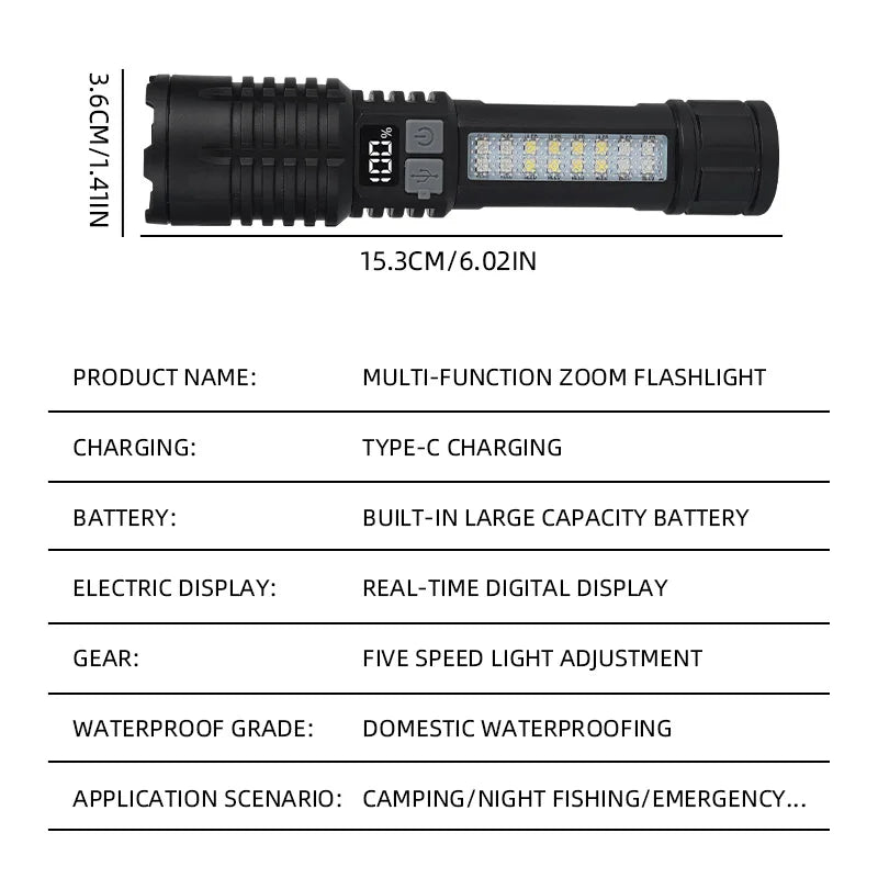 High Power LED Flashlight, Type-C Rechargeable Waterproof Torch with COB Side Light, Portable Zoom Outdoor Lamp for Camping and Hiking