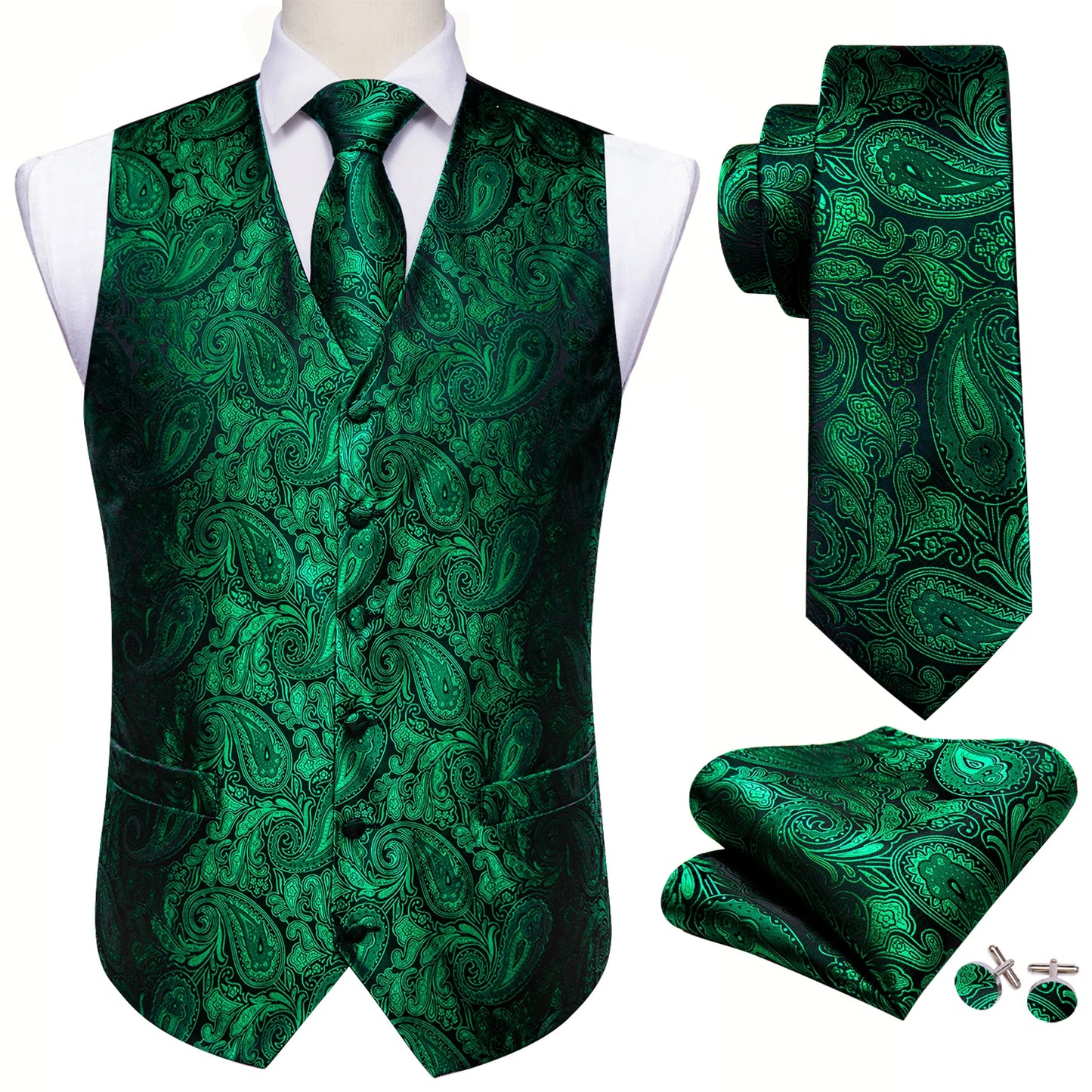 Lujo para hombre, conjunto de chaleco verde Paisley Floral Slim, para hombre, chaleco de vestir sin mangas, formal de trabajo, con corbata y pañuelo, de Barry Wang