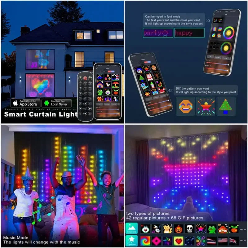 Cortina de luces LED inteligente, guirnalda de Año Nuevo, guirnalda de luces de hadas RGB, pantalla de cambio de música, para ventana, decoración navideña
