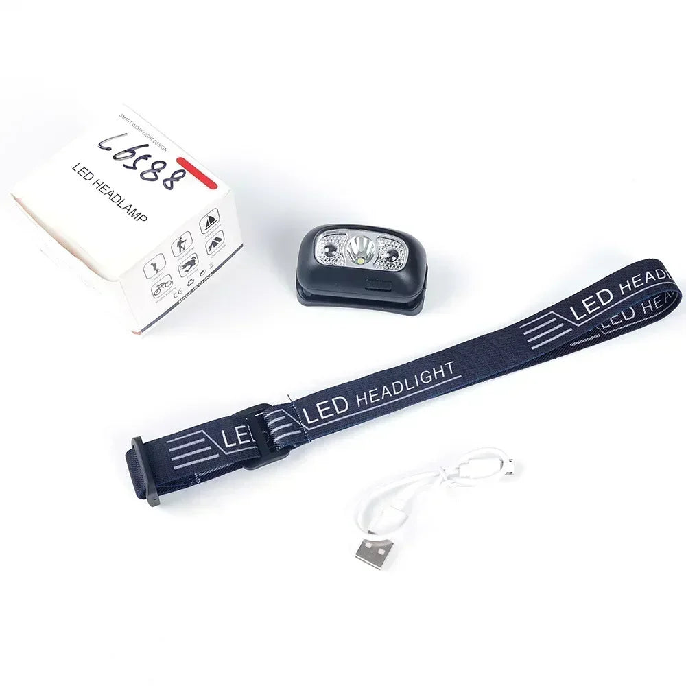 Lampe frontale puissante à LED portable avec capteur, rechargeable par USB, lampe torche frontale pour camping, pêche, lanterne d'urgence