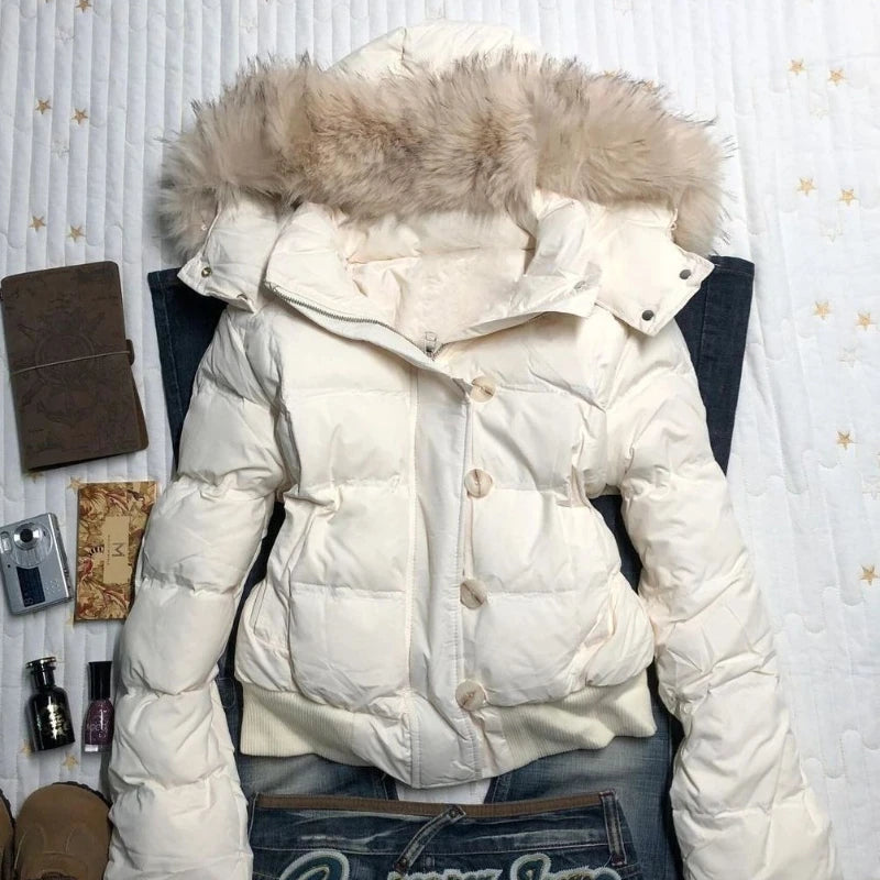 Women's retro American warm fur-collared solid color hooded cotton coat, loose casual slim winter cotton coat jacket