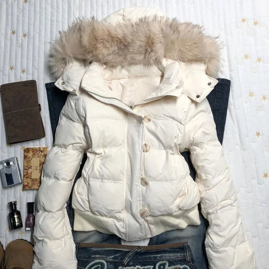Women's retro American warm fur-collared solid color hooded cotton coat, loose casual slim winter cotton coat jacket