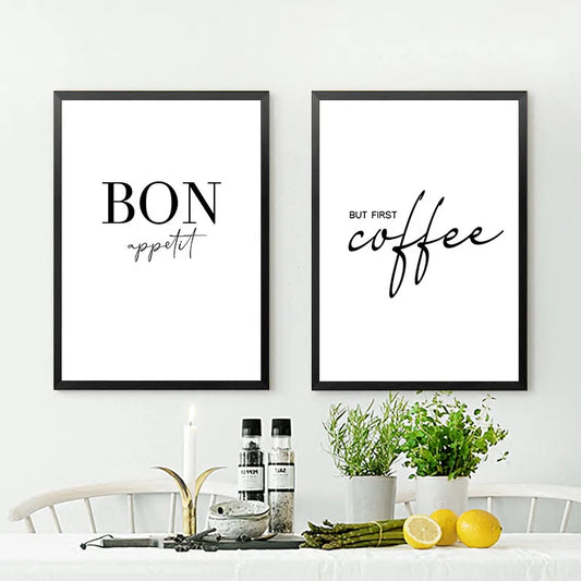 Décor artistique de cuisine mais premier affiche de café, imprimé Bon Appetit, peinture sur toile d'art mural noir et blanc pour salle à manger, décoration de la maison