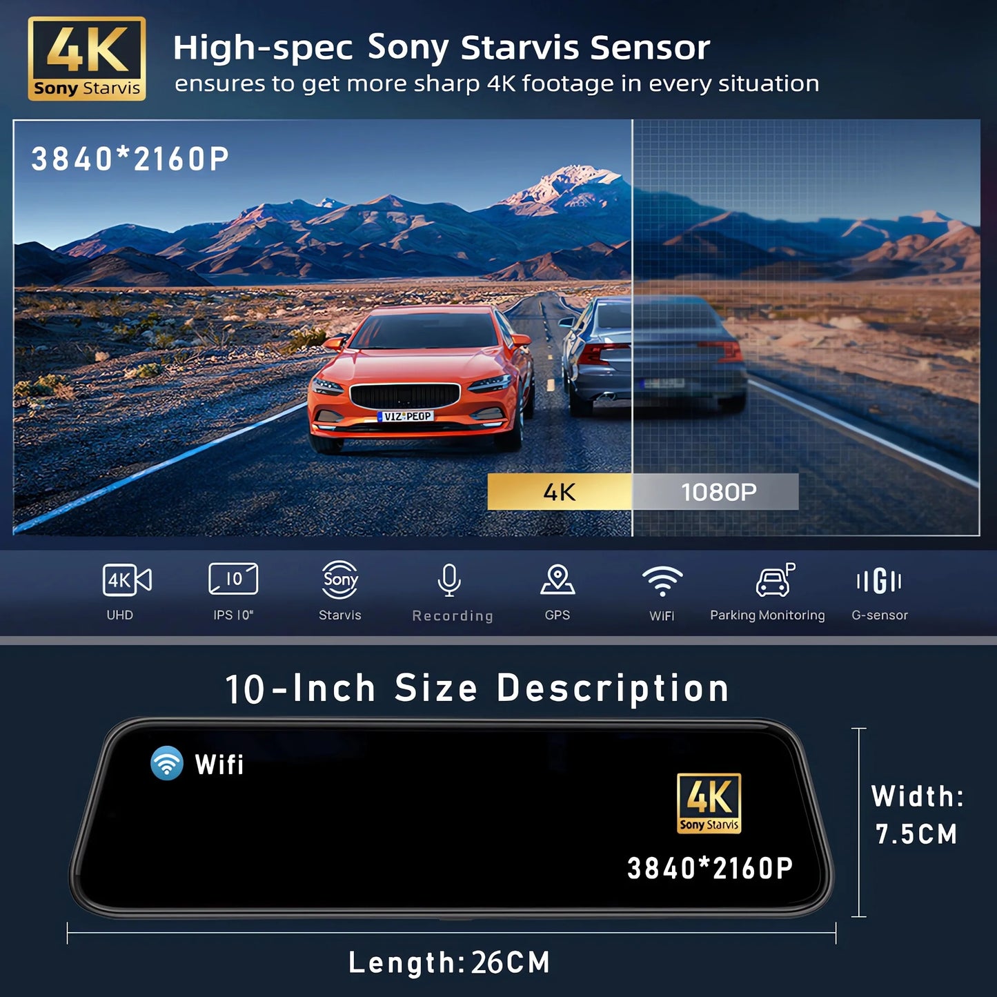 10 "Dash Cam 4K 2160P GPS WIFI voiture Dvr miroir double lentille Dashcam IPS écran voiture caméra lecteur enregistreur flux rétroviseur