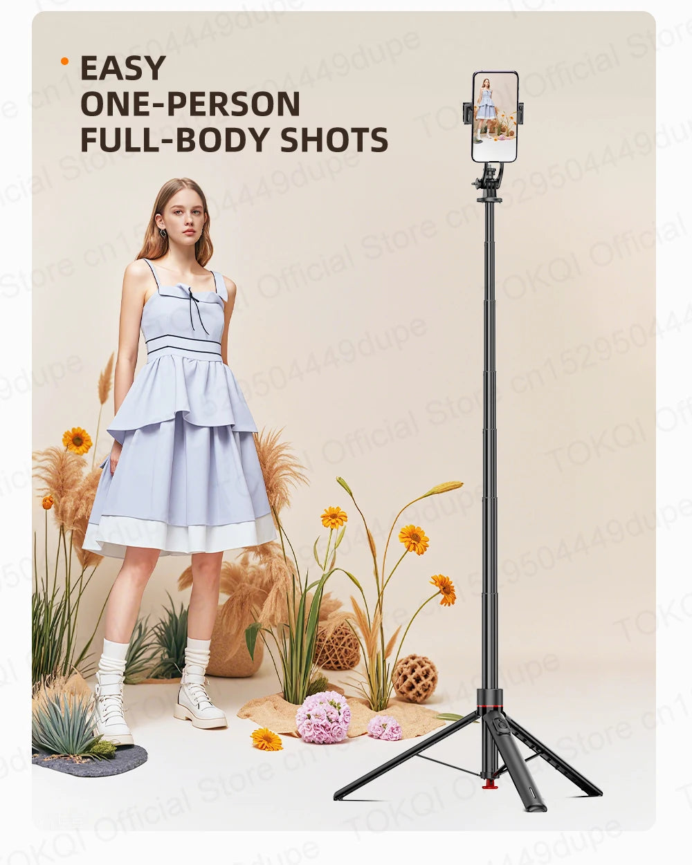 TOKQI TT03 — Perche à Selfie Extensible 1.76m Ouverture Auto Télécommande Magnétique