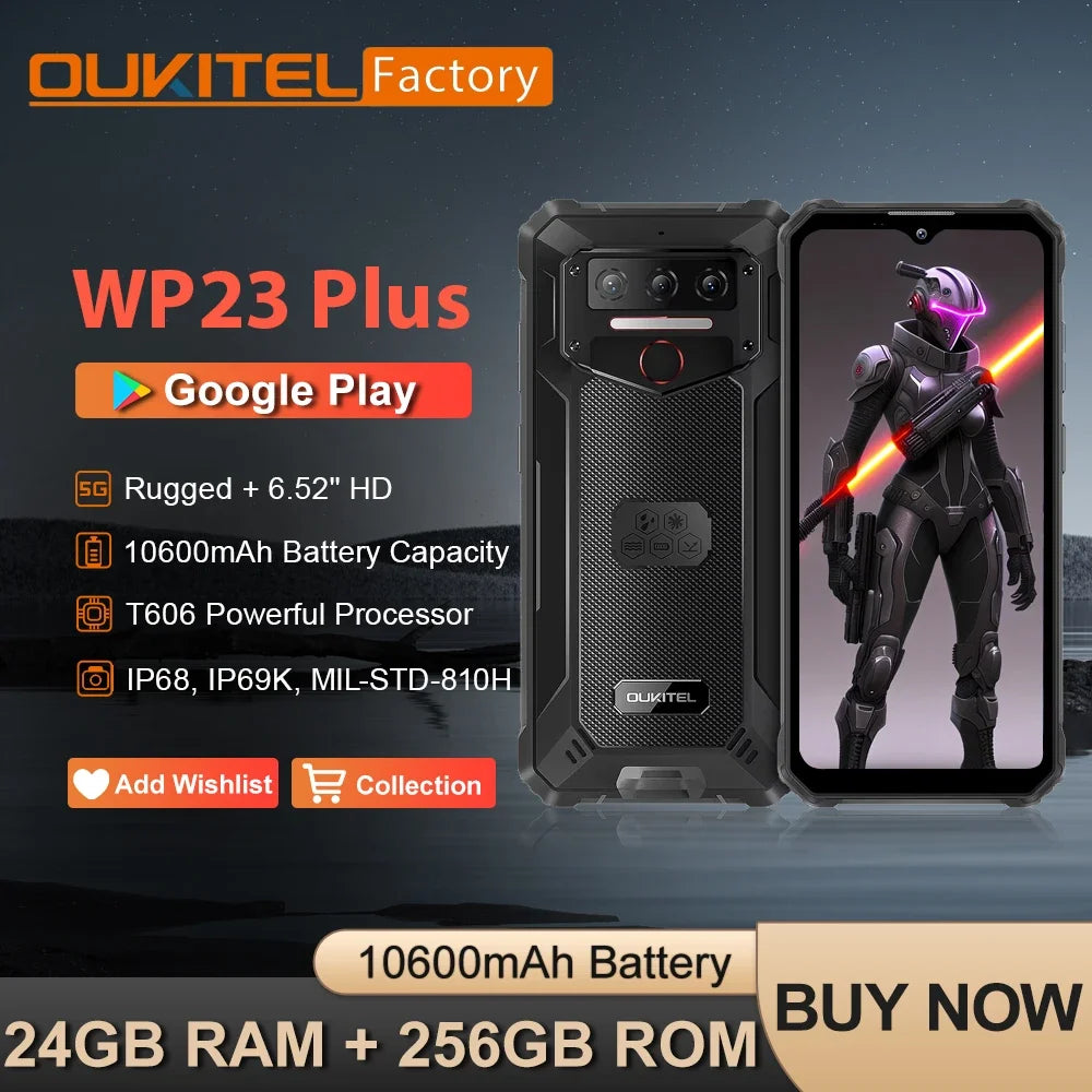 OUKITEL WP23 Plus Rugged Smartphone, Unisoc T606 Octa-Core Processor, 6.52 Inch Screen, 8GB RAM + 256GB Storage, 10600mAh Battery, 13MP Camera, Android 14, NFC.