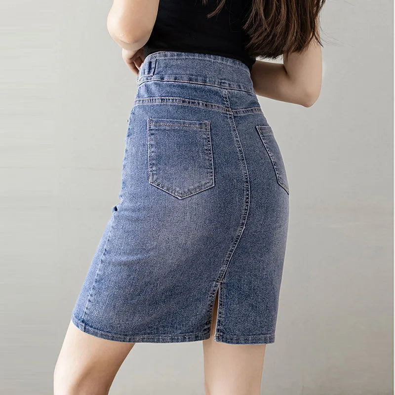 Otoño 2025 talla grande falda para mujer cintura alta talla grande abertura negro o azul denim faldas moda coreana delgada falda femenina