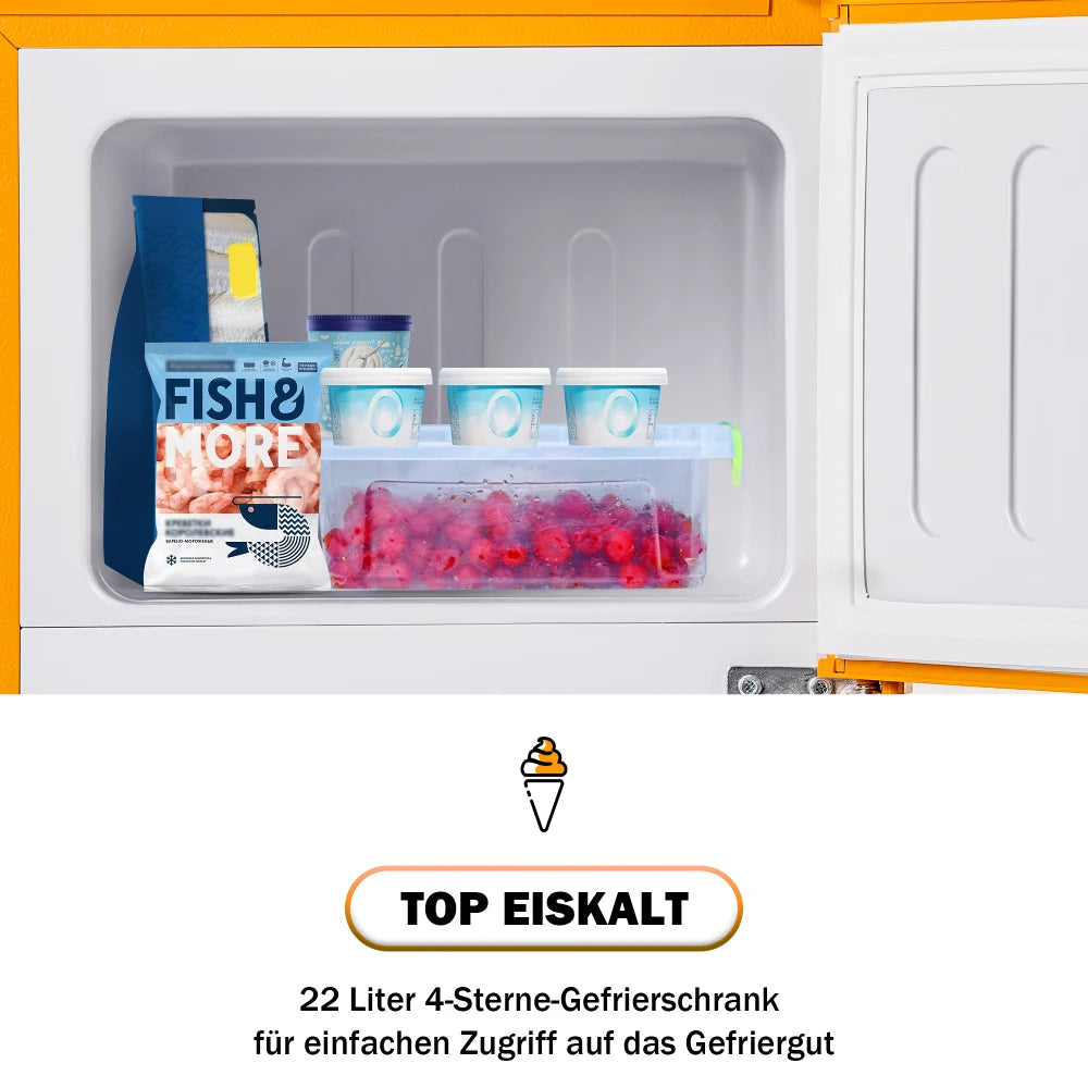 Combinaison réfrigérateur-congélateur rétro 45,5 cm de large, 2 portes 60 litres de volume total, volume de congélateur 22 litres. 102 KWh/année,