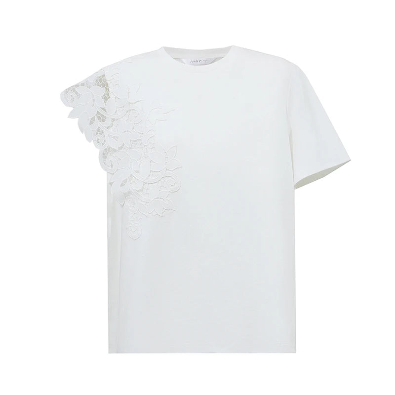 T-shirt femme 2026 été — col rond, coton, anti-transpiration, dentelle asymétrique, ample, manches courtes