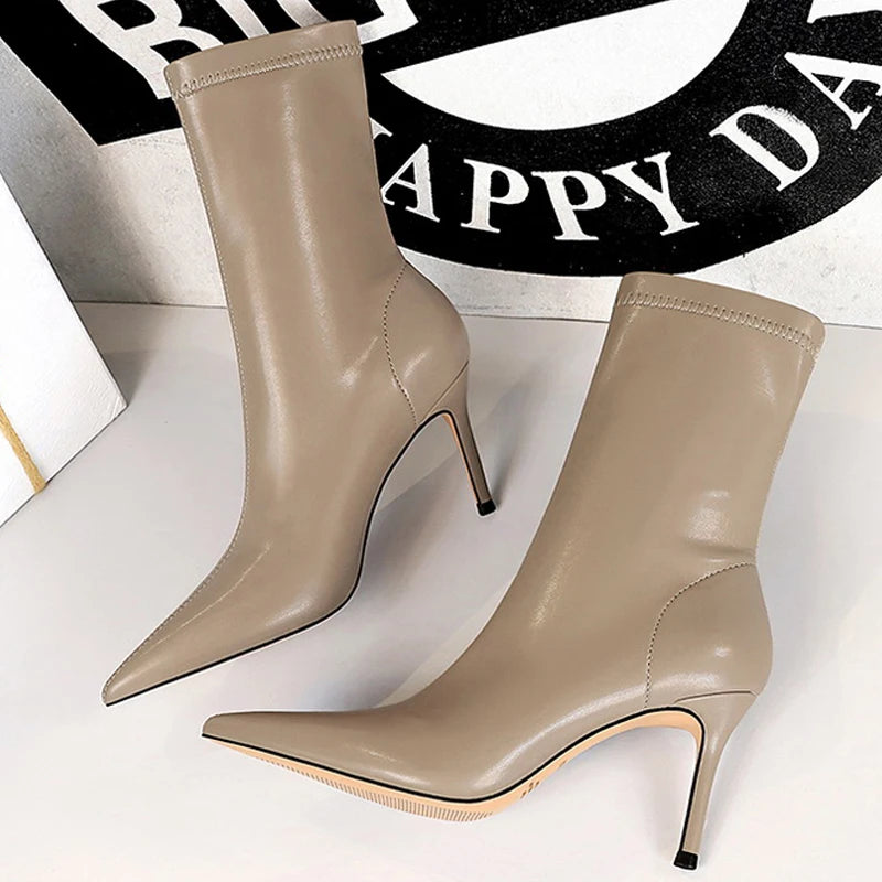 BIGTREE-Botas de piel de tacón alto para mujer, botines cortos, zapatos de tacón, otoño e invierno