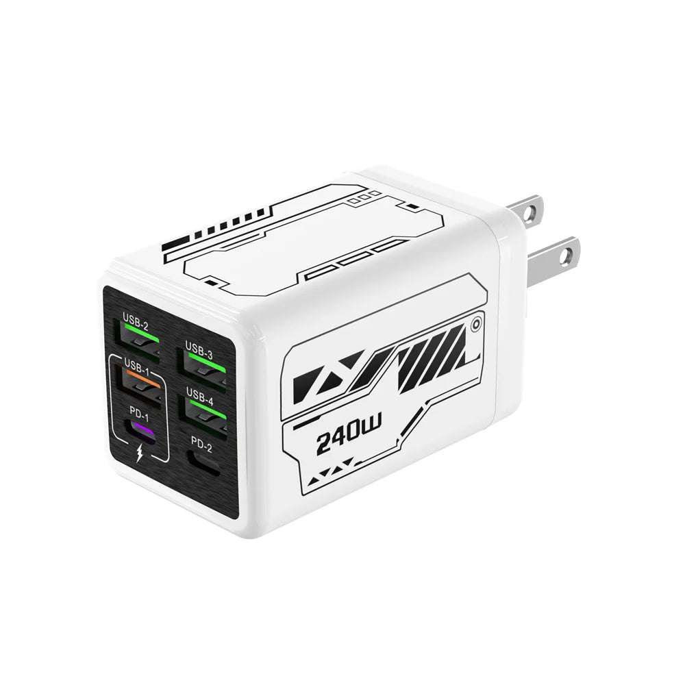 240W 6-Port USB Charger, Fast Charging Wall Adapter for iPhone Huawei Xiaomi, Travel Mobile Phone Charger, EU/US/UK Type C PD Plug