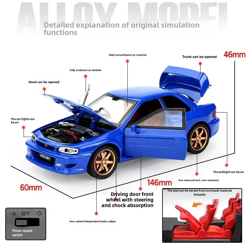 Simulación 1:32 Subaru Impreza WRX 22B STI Modelo de coche modificado de aleación de metal fundido a presión Coche en miniatura Regalo de cumpleaños para niños
