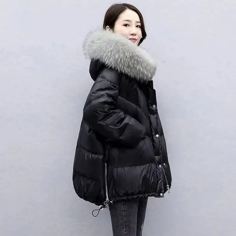 Veste en duvet de coton pour femme, mi-longue, Version coréenne, ample, épaisse, grand col en laine, à capuche, nouvelle collection hiver 2024