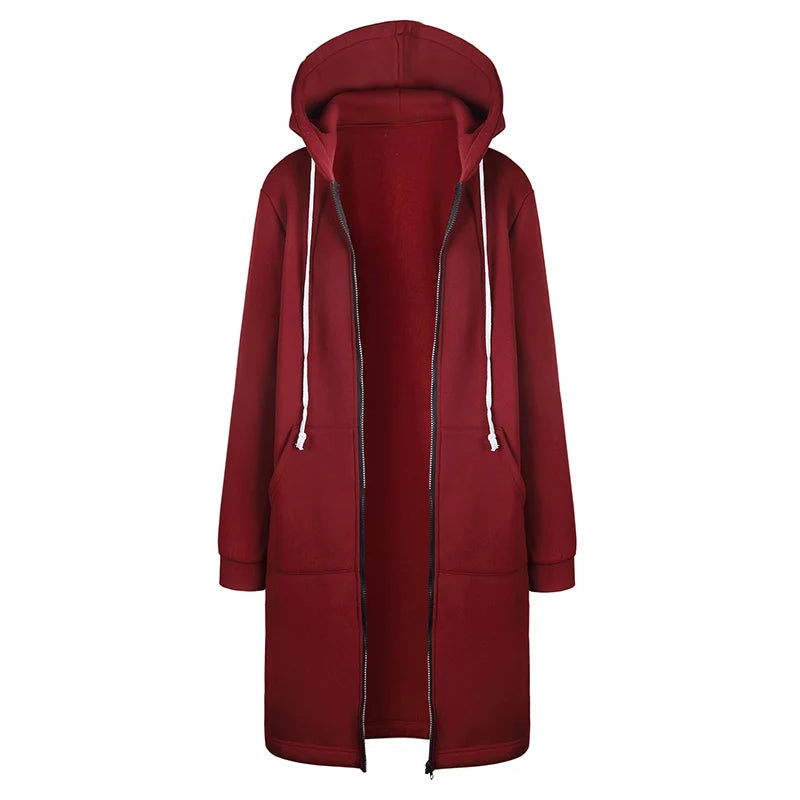 Women's Thick Hooded Parka, Loose Jacket with Zipper, Pockets, Maxi Length, Sporty Dress, Outerwear, Autumn Winter 2024