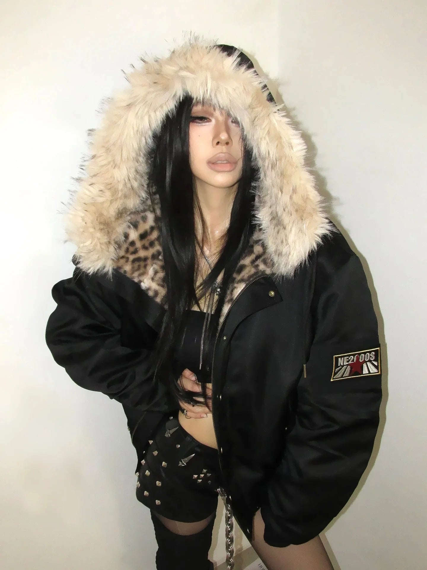 Harajuku American Retro Jacket for Men and Women, New Simple Leopard Print Plush Loose Leather Motorcycle Hip Hop Punk Jacket