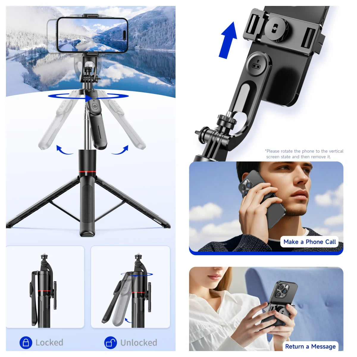 Trépied perche à selfie avec lumière de remplissage — 1708mm, télécommande Bluetooth, rotation 360°, interface 1/4