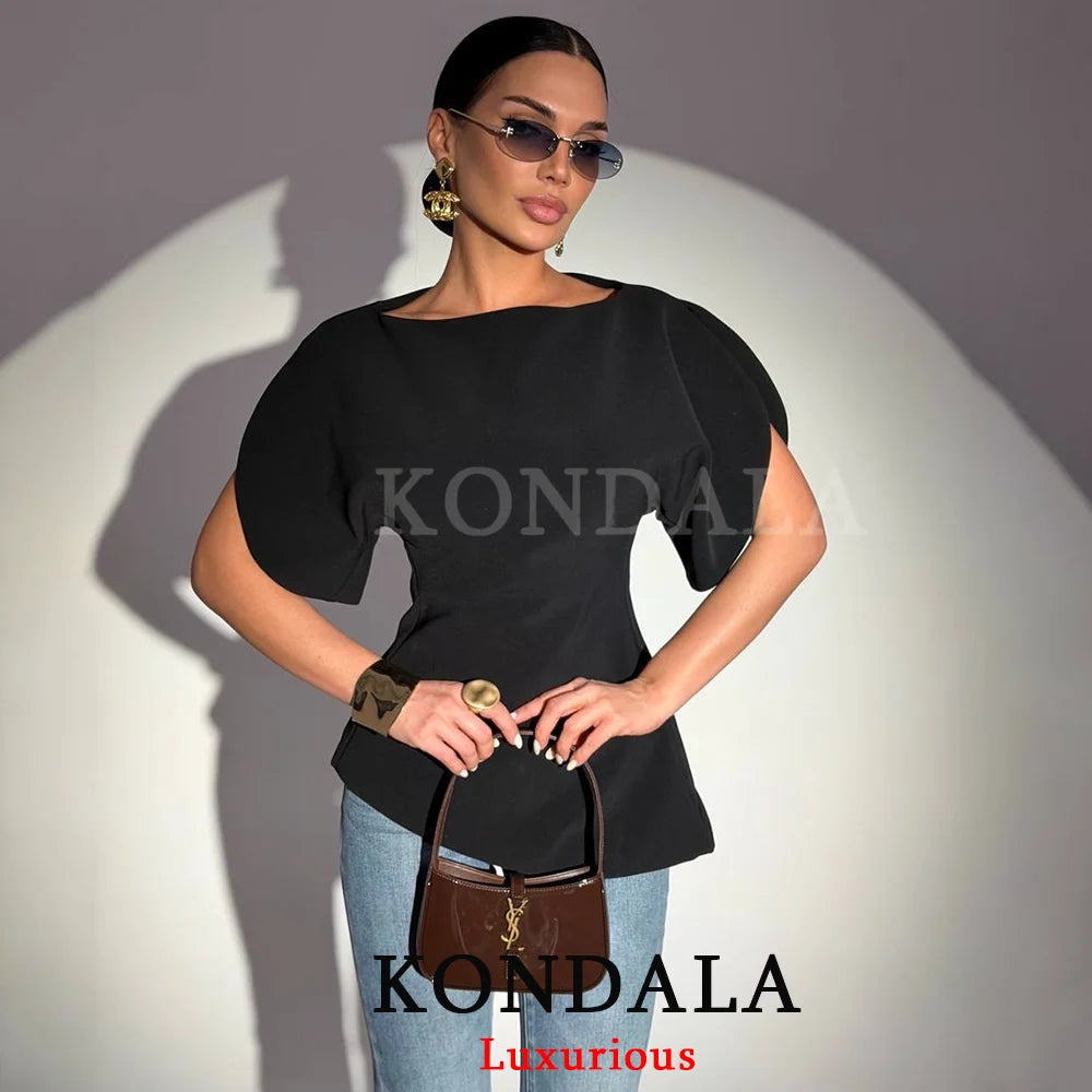 T-shirt femme noir à manches bouffantes — col rond, décontracté, printemps-été 2026