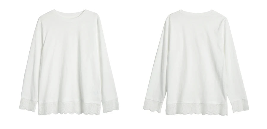 T-shirt femme en coton blanc automne 2026 — décontracté, ample, col rond, manches longues en dentelle