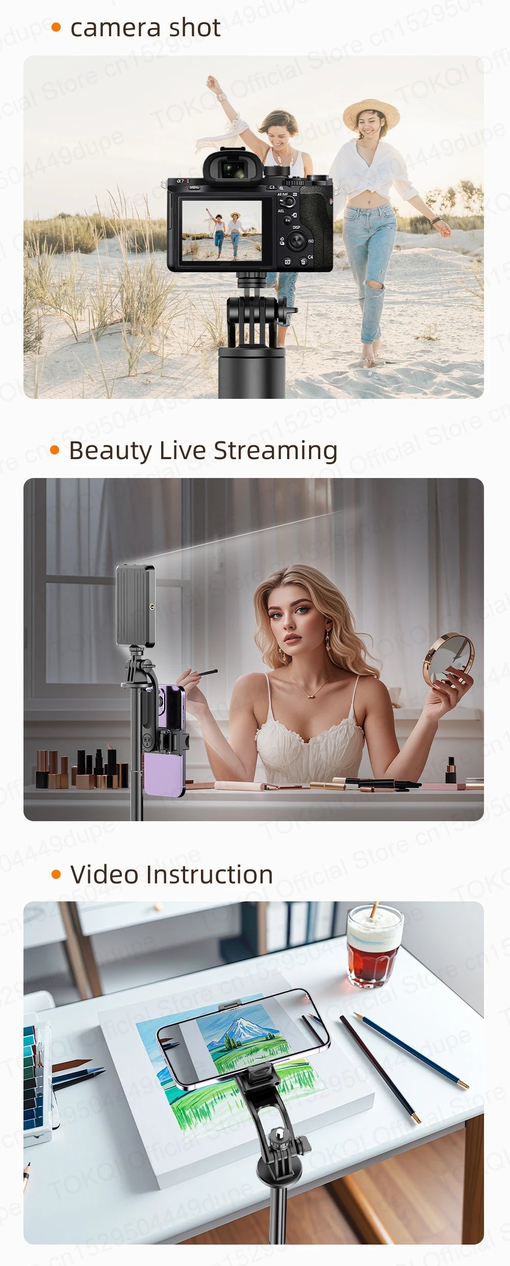 TOKQI TT03 — Perche à Selfie Extensible 1.76m Ouverture Auto Télécommande Magnétique