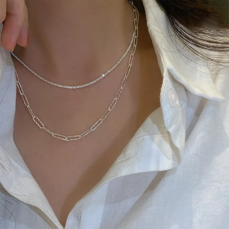 Simple Sparkling Necklace for Women, Silver Color, Clavicle Chain, Choker, Korean, Wedding Party Gift Jewelry