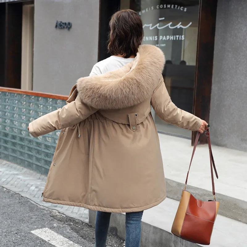 Parka d'hiver 2024 nouvelles femmes veste vêtements manteau Long doublure en laine à capuche col de fourrure épais chaud vêtements de neige mode Parka