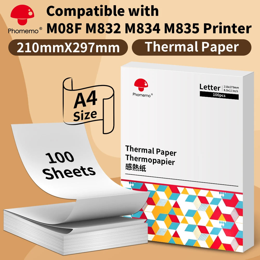 Phomemo A4 impresora térmica papel carta, papel continuo de secado rápido apto para impresora portátil M832/M833/M834/M835, 2 rollos