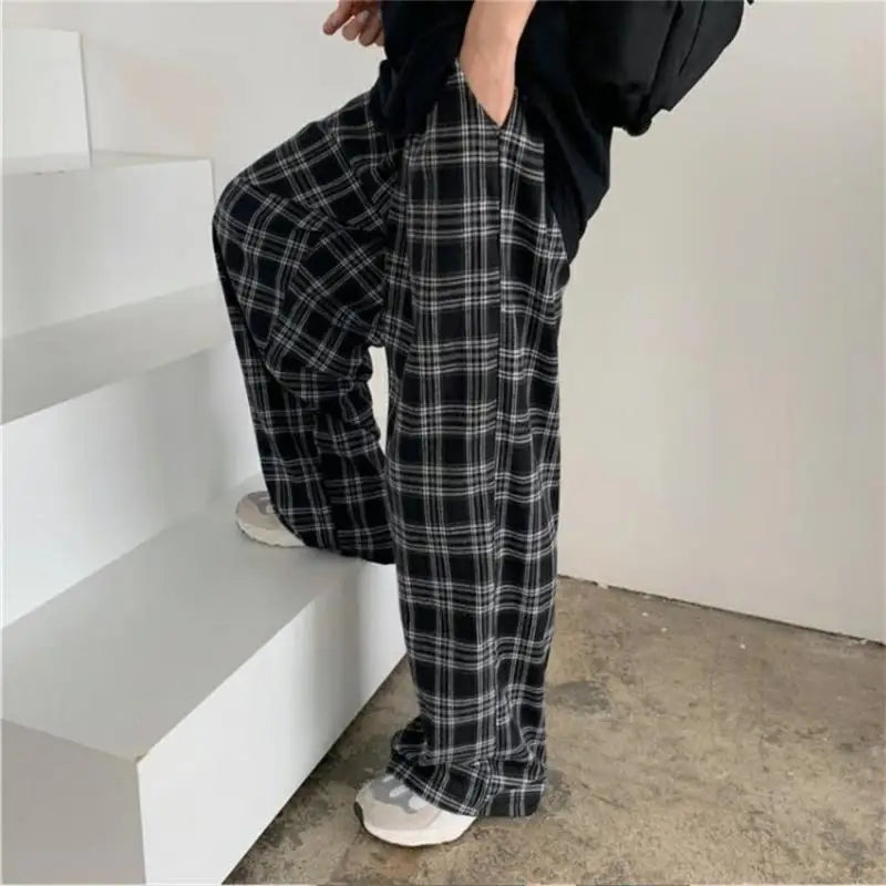 Pantalones oversize de mujer, de chándal, de moda de verano, a cuadros negros, casuales, de cintura elástica, con bolsillos casuales, para estudiantes, unisex