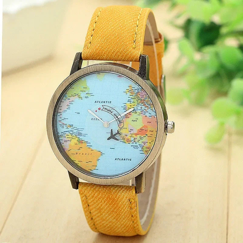 2022 World Fashion World Map Plane Denim Fabric Band Casual Men Women Quartz Watch Gift Clocks Relógio