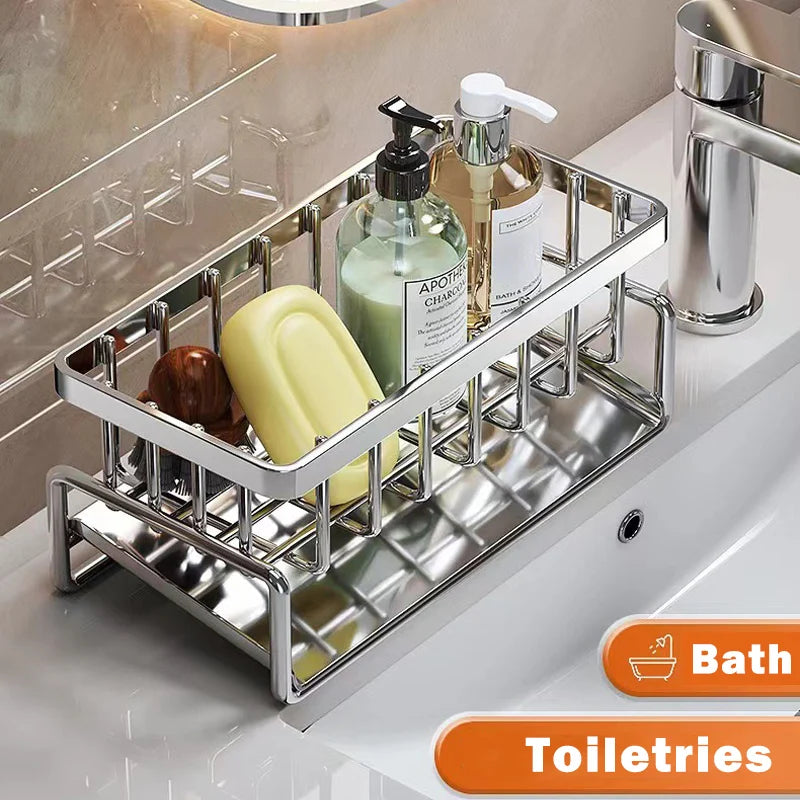 Stainless Steel Multifunctional Sink Cleaning Tools Storage Rack, Kitchen Sponge Scrubber Organizer, Dishcloth Hanger