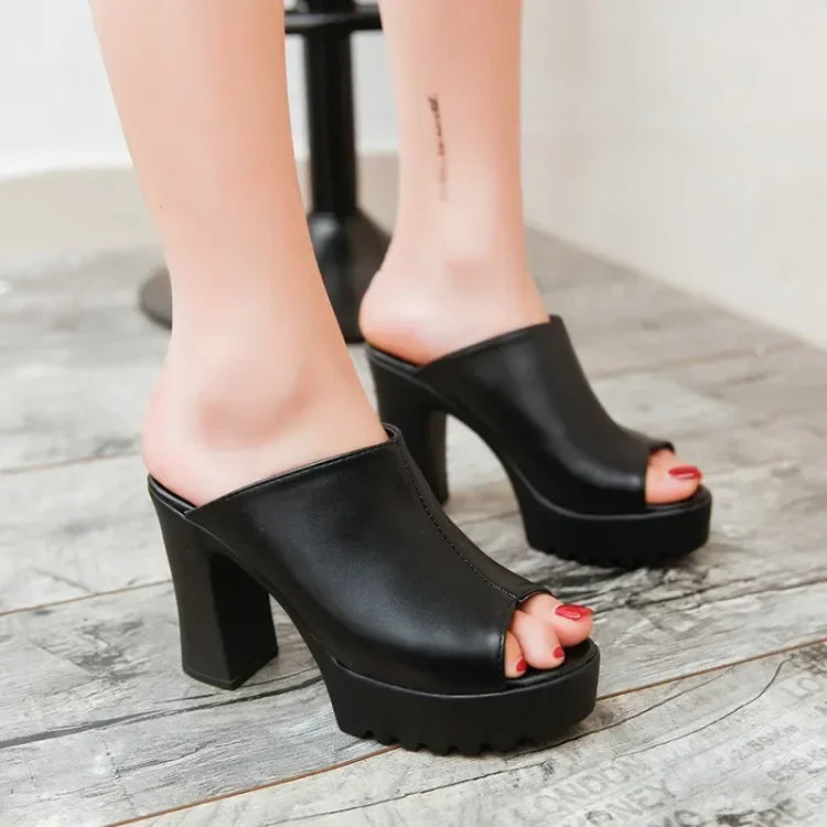Mules à Talons Hauts & Épais Femme — Sandales Plateforme Bouche de Poisson Été