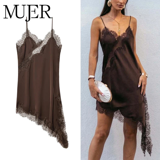 Robe Mini Dentelle Satin Dos Nu Femme — Asymétrique Fête Sexy Plage Été