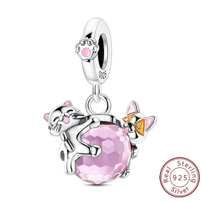 Abalorios de plata de ley 925 con huellas de perro, gato, corazón, animales, abalorios que se ajustan a pulseras, collares, colgantes, joyas para mujer, para hacer tú mismo