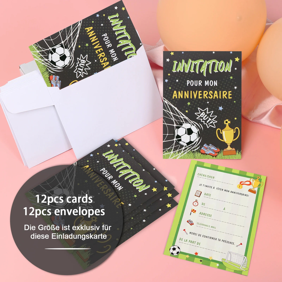 12 Cartes d’Invitation Anniversaire Thème Football — Design But & Trophée, Garçon & Fille
