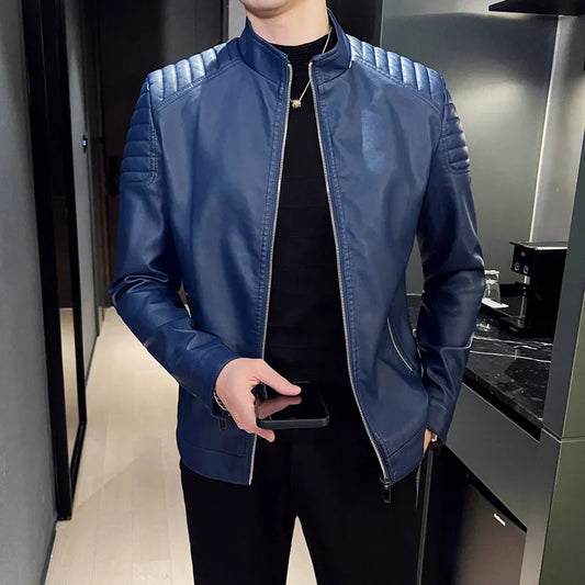 Veste de moto en cuir PU pour homme, col montant, coupe-vent décontracté, vêtements ChimMens, noir, bleu, hiver, 2024