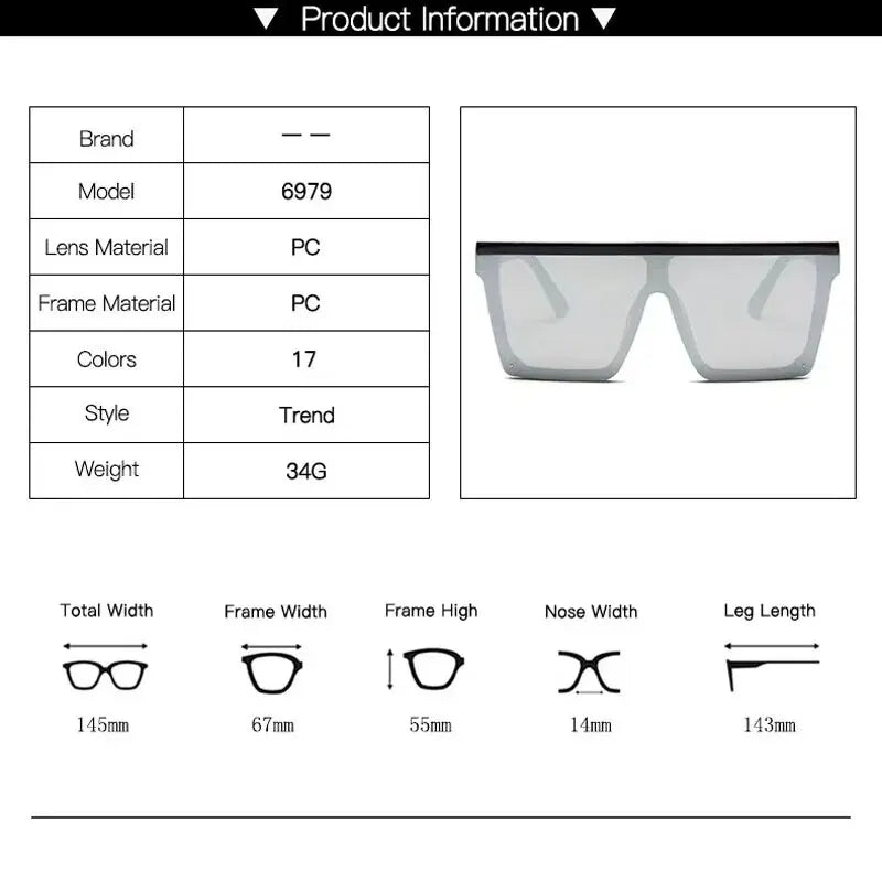 Nuevas gafas de sol de una pieza de montura grande, gafas de sol de montura cuadrada de moda europea y americana para mujer, gafas de colores