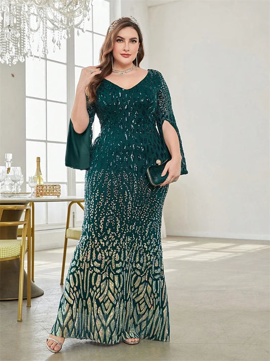 Grande taille élégante paillettes noir robe de soirée 2025 femmes formelle Maxi bal manches longues fête luxe robe de Cocktail