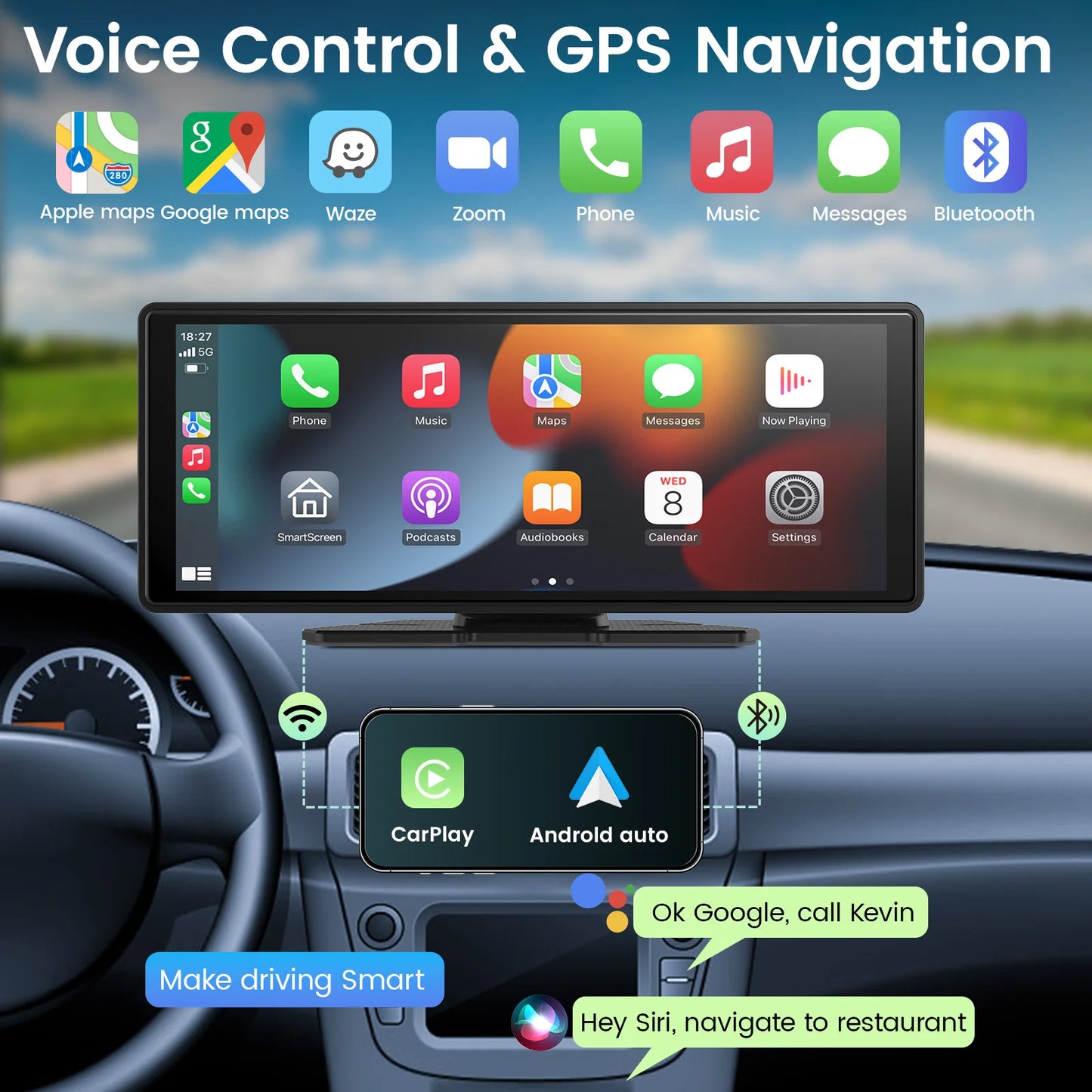 Écran sans fil portable 10 pouces pour voiture — navigation GPS, stéréo audio, lien miroir