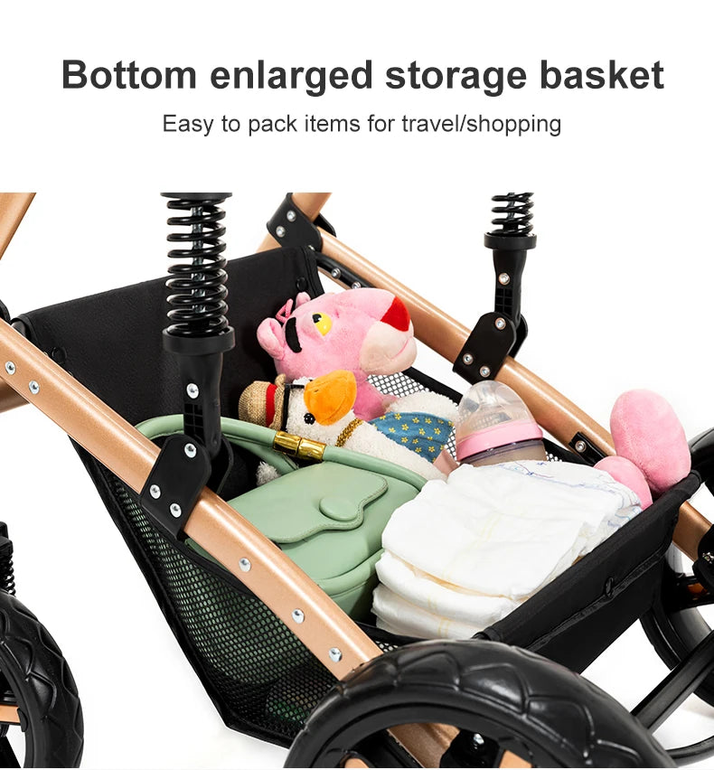 Lightweight baby stroller with aviation-grade frame, 360° swivel wheels, adjustable backrest, removable cushion, and storage basket