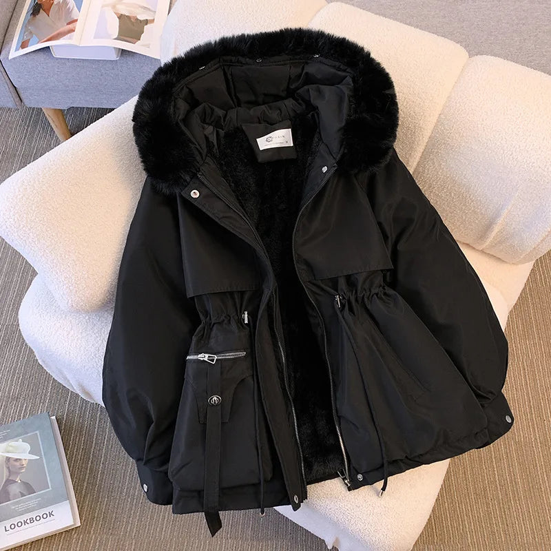 Chaqueta de invierno con capucha forrada de lana para mujer, abrigo cálido acolchado con cordón, Parkas coreanas informales, ropa de calle abullonada